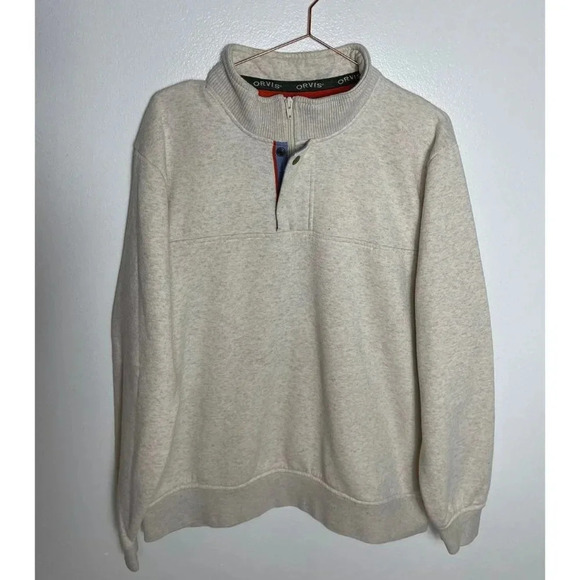 Orvis Mens Long Sleeve Pullover Mock Neck 1/4 Zip Snap Sweatshirt Beige Sz L/G - Picture 11 of 11